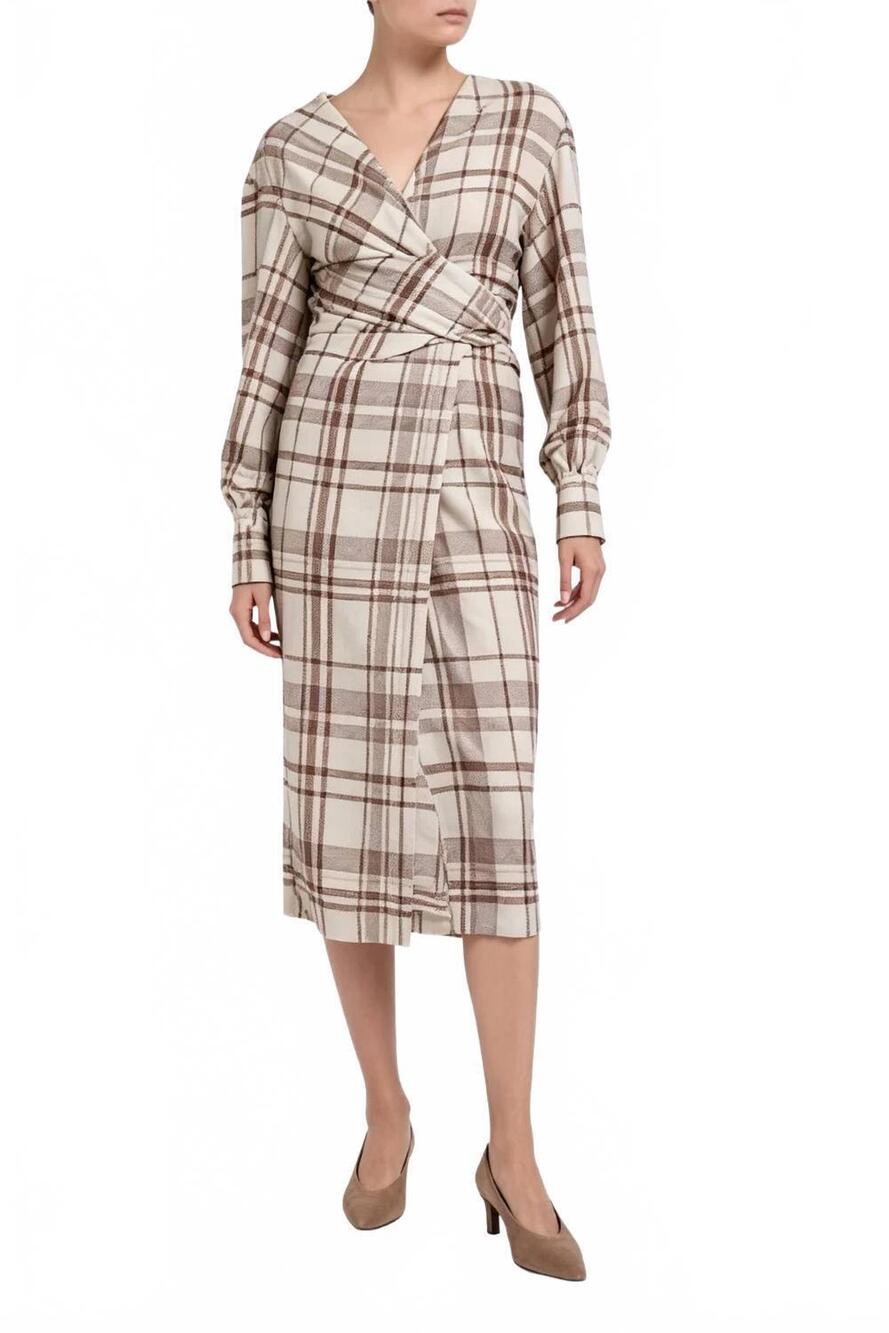NEW BRUNELLO CUCINELLI plaid wrap-effect midi dress in beige